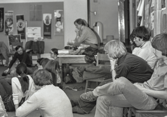 Gathering in chapel fellowship room, 1976
